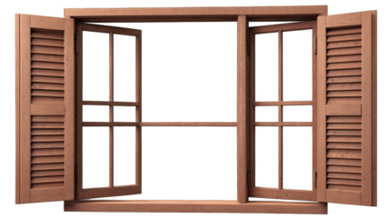 Open window with wooden shutters against a black background.