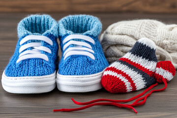 Colorful knitted shoes and matching socks on a wooden surface