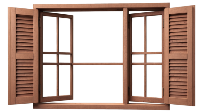 Open window with wooden shutters against a black background.