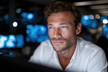 Fototapeta premium A concentrated young man working late in a tech-focused workspace, immersed in his tasks with glowing screens illuminating the background, creating a modern, busy ambiance.