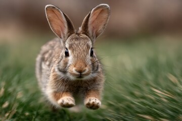 Fototapeta premium Excited bunny hops joyfully toward the camera in a lush grassy field on a sunny day