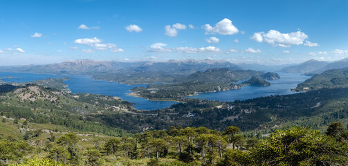 Scenic view of Villa Pehuenia and Lake Alumine surrounded by araucaria trees. Neuquen, Argentina