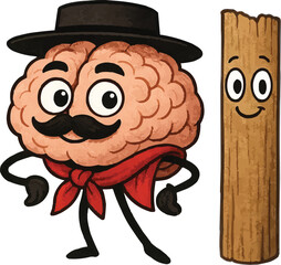 A cartoon brain wearing a hat and scarf stands next to a smiling wooden plank