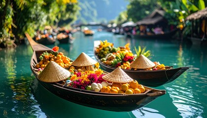 Obraz premium A traditional Thai boat gently glides down the river, its wooden bow adorned with fresh green vegetables and vibrant flowers, ready for a healthy breakfast