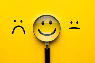 Finding happiness magnifying glass smiley face concept