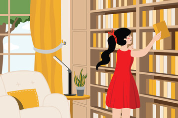 Woman picking a book from a library shelf.
