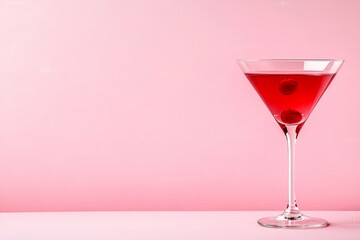 Red cocktail in martini glass with cherries against a pink background, ideal for party, celebration, and lifestyle design themes