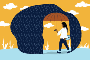 Woman walking in the rain with an umbrella and a smile.