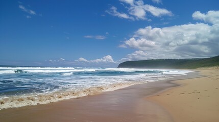 Serene Harmonies: The Enchanting Dance of Beach Waves Under a Canopy of Azure Skies and Cotton-Candy Clouds &ndash; A Captivating Ode to Coastal Tranquility and Nature's Artistry