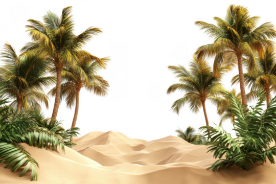 Palm trees and sand dunes oasis scene isolated on transparent background
