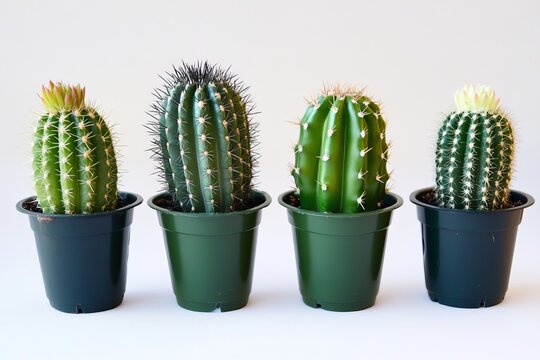 Fototapeta Variety of potted cacti in a row against a white background, ideal for nature, plant care, and minimal design themes