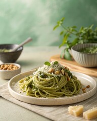 A plate of spaghetti pasta with green pesto sauce, nuts, and cheese, garnished with fresh herbs and served on a rustic table.