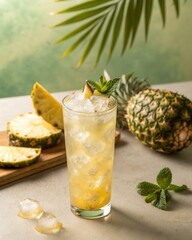 Refreshing pineapple cocktail with crushed ice, mint garnish, and fresh pineapple slices, set in a tropical atmosphere.