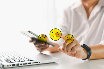 Customer showing rating with happy icon, Customer satisfaction survey concept, Positive feedback...