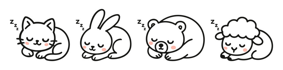 Cute minimalist illustration set of sleeping animals including a cat, rabbit, bear, and lamb. Ideal for children's products, baby shower designs, nursery decor, or educational materials