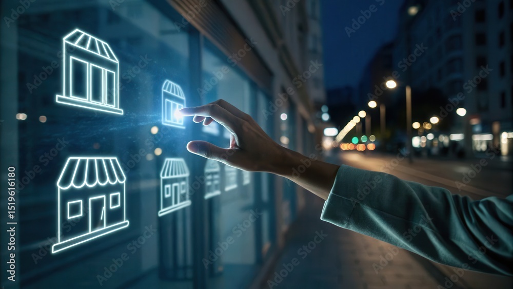 Poster a hand interacts with virtual storefront icons on a digital display in a city at night.