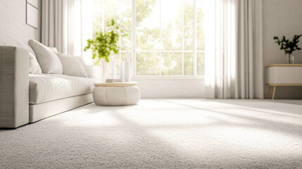 Cozy living room with large windows illuminating soft carpet and modern furniture in a bright home setting during midday