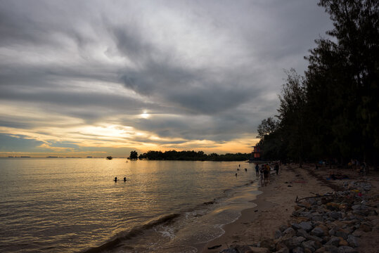 Golden Hour Serenity at Pantai Kelanang Beach, Banting, Malaysia. A tranquil sunset scene at Pantai Kelanang Beach, located in Selangor, Malaysia.