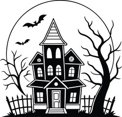 Spooky halloween haunted house silhouette illustration