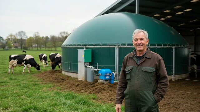 Farmer Standing Proud by Biogas Digester on Dairy Farm