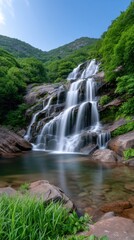 Fototapeta premium Serene Waterfall Amidst Lush Green Mountains