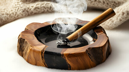 Stylish Wooden Ashtray With Cigar And Smoke