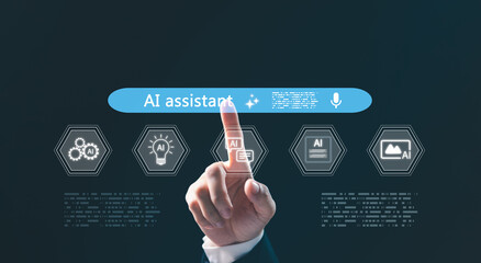AI powered assistance. user interacting with virtual AI assistant interface on mobile, laptop,...