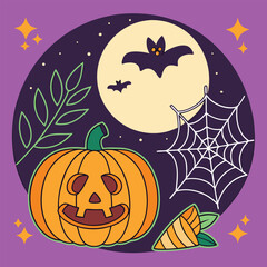 Cute halloween pumpkin design with bats and web