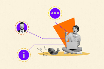 Poster sketch image artwork 3D photo collage of human resource young woman headphones sit show profile icon man smile contact remote team