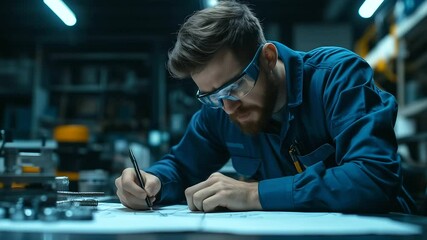 Side view of an engineer in safety gear and glasses sketching design adjustments on a construction blueprint at an industrial office desk, mechanical components nearby