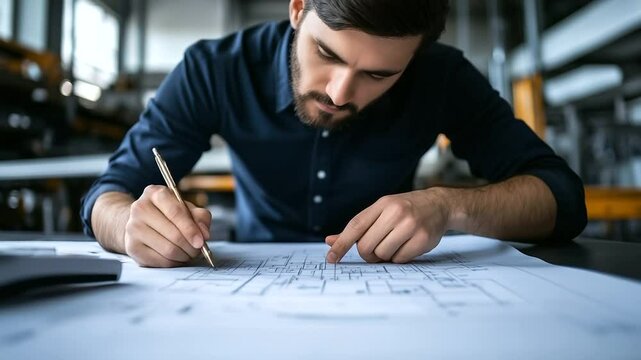 Engineer carefully measuring and noting down technical details on a set of blueprints, factory background with conveyor belts and heavy equipment in use