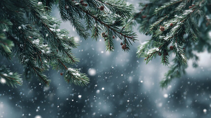 Obraz premium Pine branches dusted with snow under a snowfall blurry backdrop