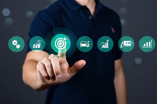 Man touching target icon with business growth graphics - Powered by Adobe
