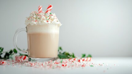 Festive Hot Chocolate in Glass Mug on White Surface