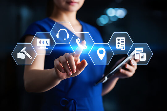 Woman using digital tablet with customer service icons