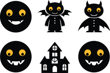 Halloween icons set cute monsters and haunted house