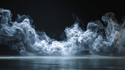 Swirls of translucent blue smoke billow across a dark reflective surface