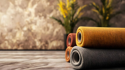 Stacked Rolled Rugs In Warm Tones