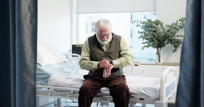 Medical, time and waiting with old man on hospital bed for appointment, checkup or retirement. Healthcare, impatient and watch with senior patient in clinic for routine treatment or wellness