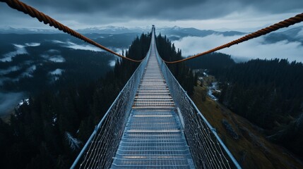 Obraz premium A long suspension bridge stretches across a mountainous landscape under a cloudy sky