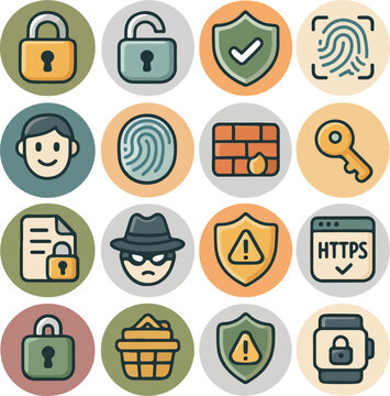 Grid of sixteen circular icons representing security, technology, and safety themes