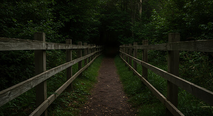 A path with a wooden fence leads into a dark, mysterious forest, disappearing into the shadows. A concept for the unknown, fear, or a challenging journey.
