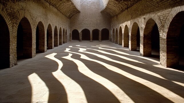 Shadows cast by arches create dynamic patterns on the floor of an ancient stone corridor