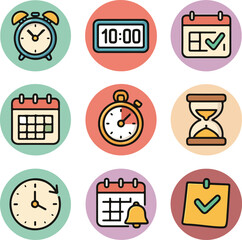 Nine time and scheduling icons in a 3x3 grid with pastel-colored circular frames