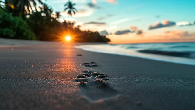 A baby sea turtle's tiny footprints leading towards the ocean, the sun rising over the horizon and casting soft light on the scene, with tropical trees and sand in the background