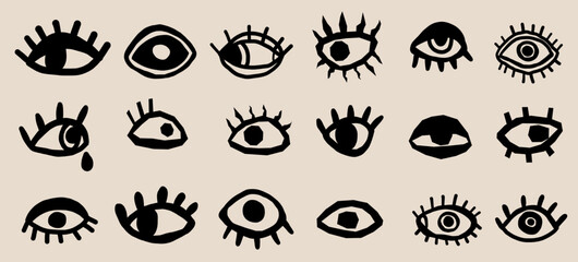 Minimalist abstract hand drawn eye doodle sketch set trend silhouette cut out figurine.