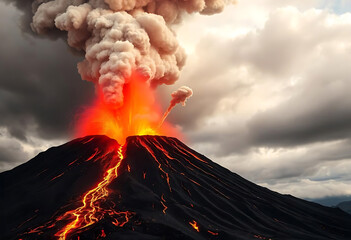Erupting volcano with glowing lava and smoke against a dramatic overcast sky