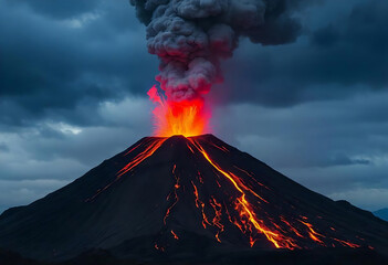 Erupting volcano with glowing lava and smoke plumes under a dramatic cloudy sky