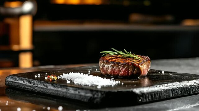 Black stone board on rustic wood table featuring perfectly grilled USDA Prime T-bone, salt and rosemary scattered artfully around the cut