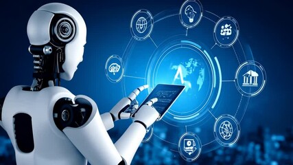 A white robotic figure interacts with a holographic interface displaying global connections and data analysis - Powered by Adobe